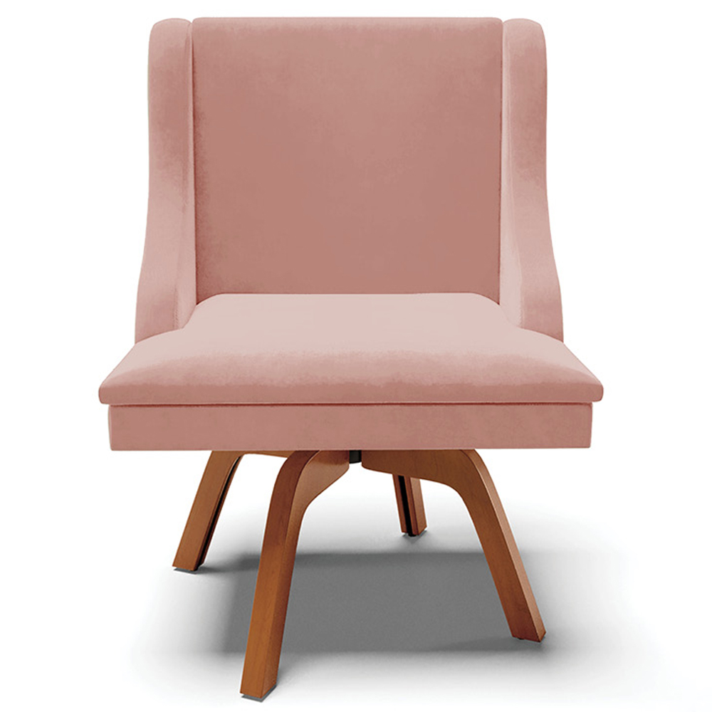Cadeira Decorativa Sala de Jantar Base Giratória de Madeira Firenze Veludo Rosê/Natural G19 - Gran Belo