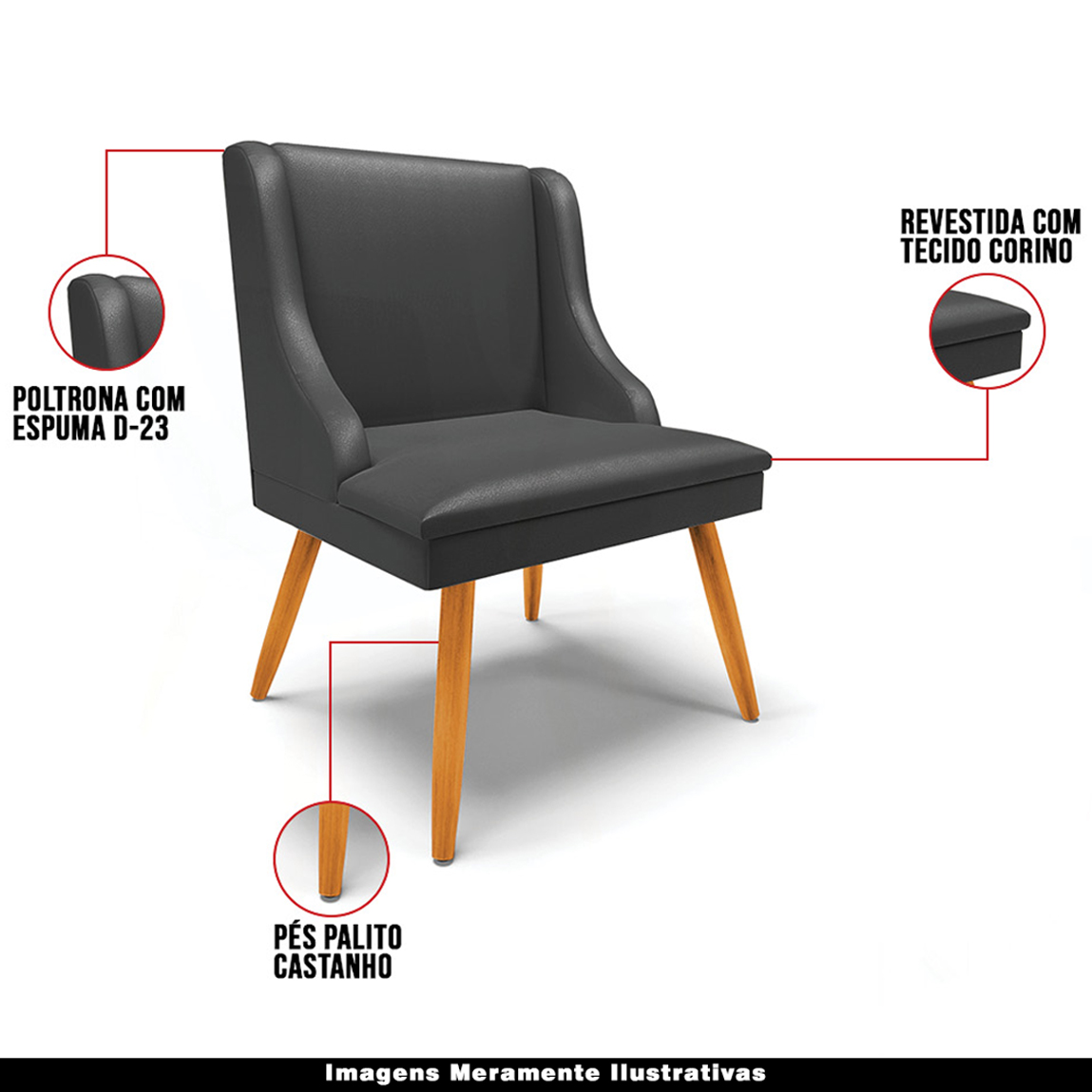 Cadeira Decorativa Sala de Jantar Pés Palito de Madeira Firenze PU Preto Fosco/Natural G19 - Gran Belo