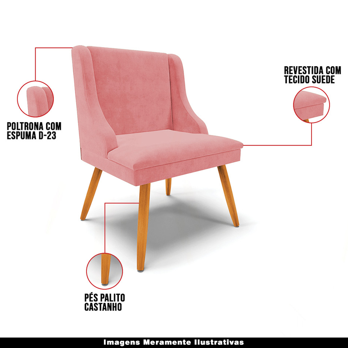 Cadeira Decorativa Sala de Jantar Pés Palito de Madeira Firenze Suede Rosê/Natural G19 - Gran Belo