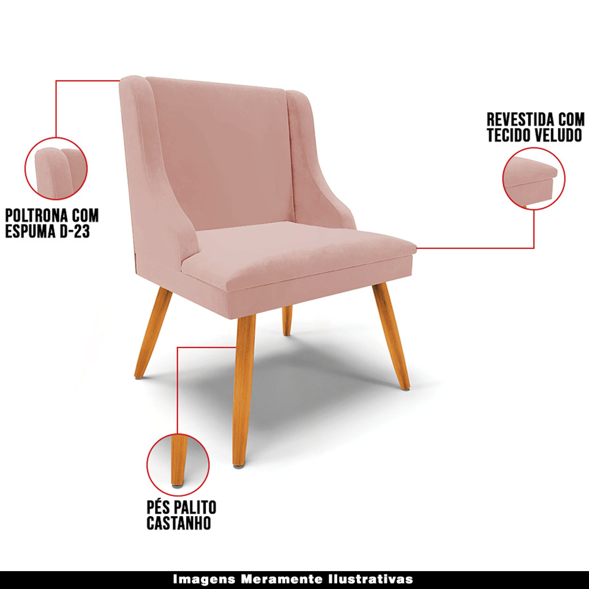 Cadeira Decorativa Sala de Jantar Pés Palito de Madeira Firenze Veludo Rosê/Natural G19 - Gran Belo
