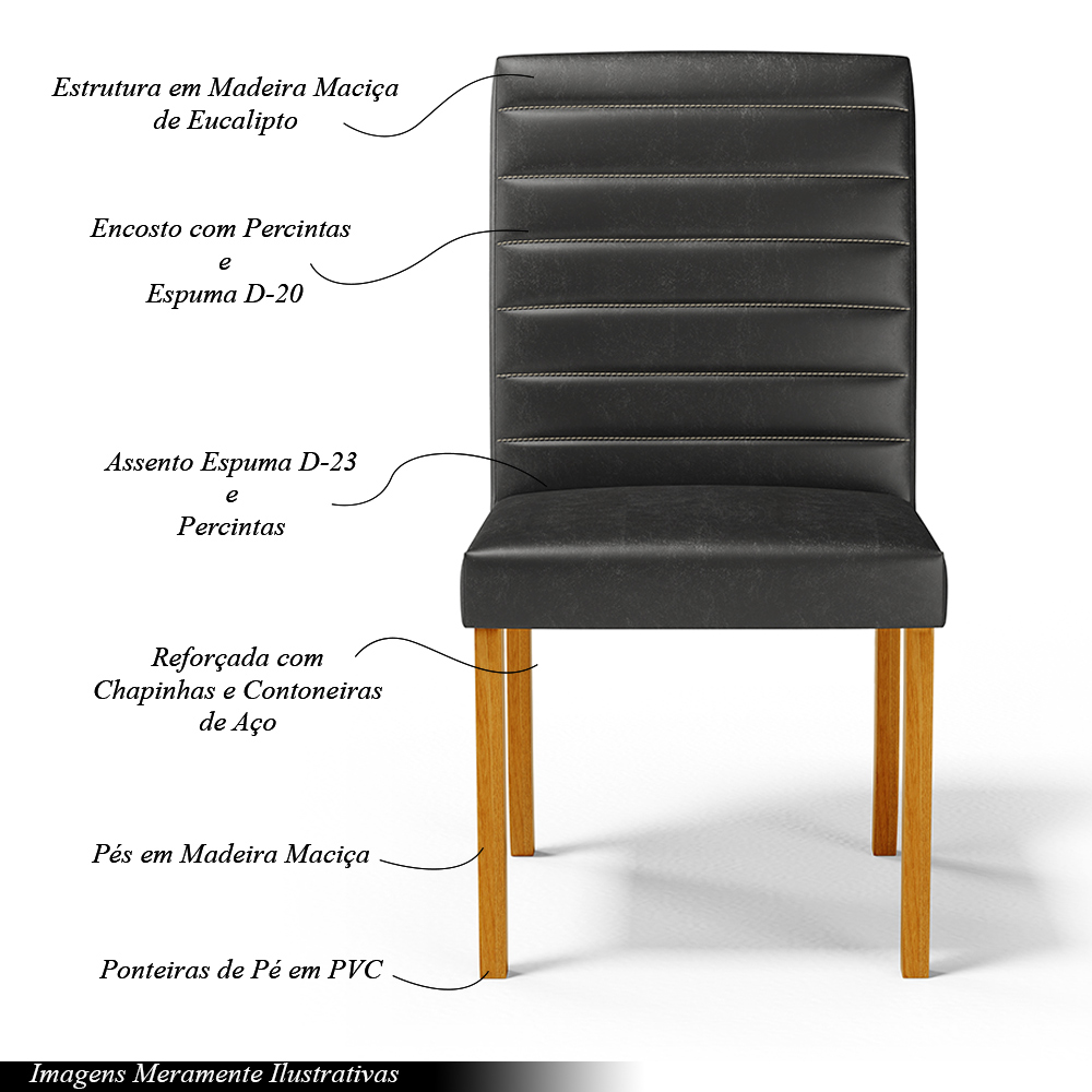 Cadeira Sala de Jantar Veiga Estofada Madeira Maciça PU Preto G78 - Gran Belo