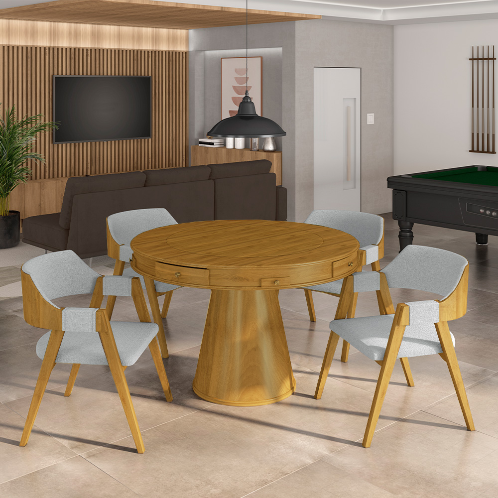 Cadeira Sala de Jantar e Jogos Carteados Madeira Maciça Poker Linho Cinza/Mel G42 - Gran Belo