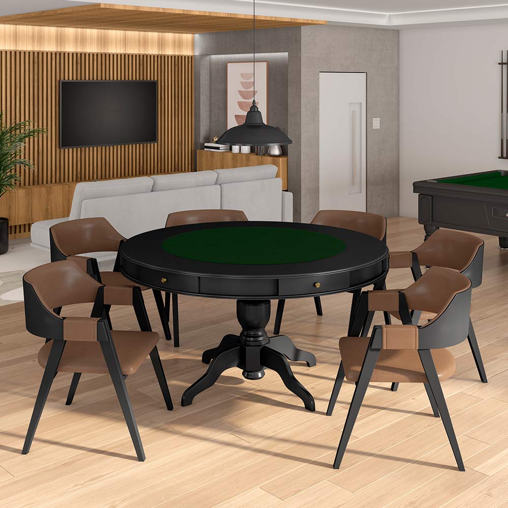 Cadeira Sala de Jantar e Jogos Carteados Madeira Maciça Poker Pu Caramelo/Preto G42 - Gran Belo