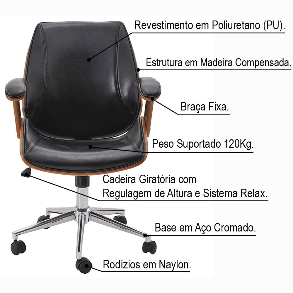 Cadeira de Escritório Diretor Giratória com Regulagem de Altura Akon PU Sintético Preto G56 - Gran Belo