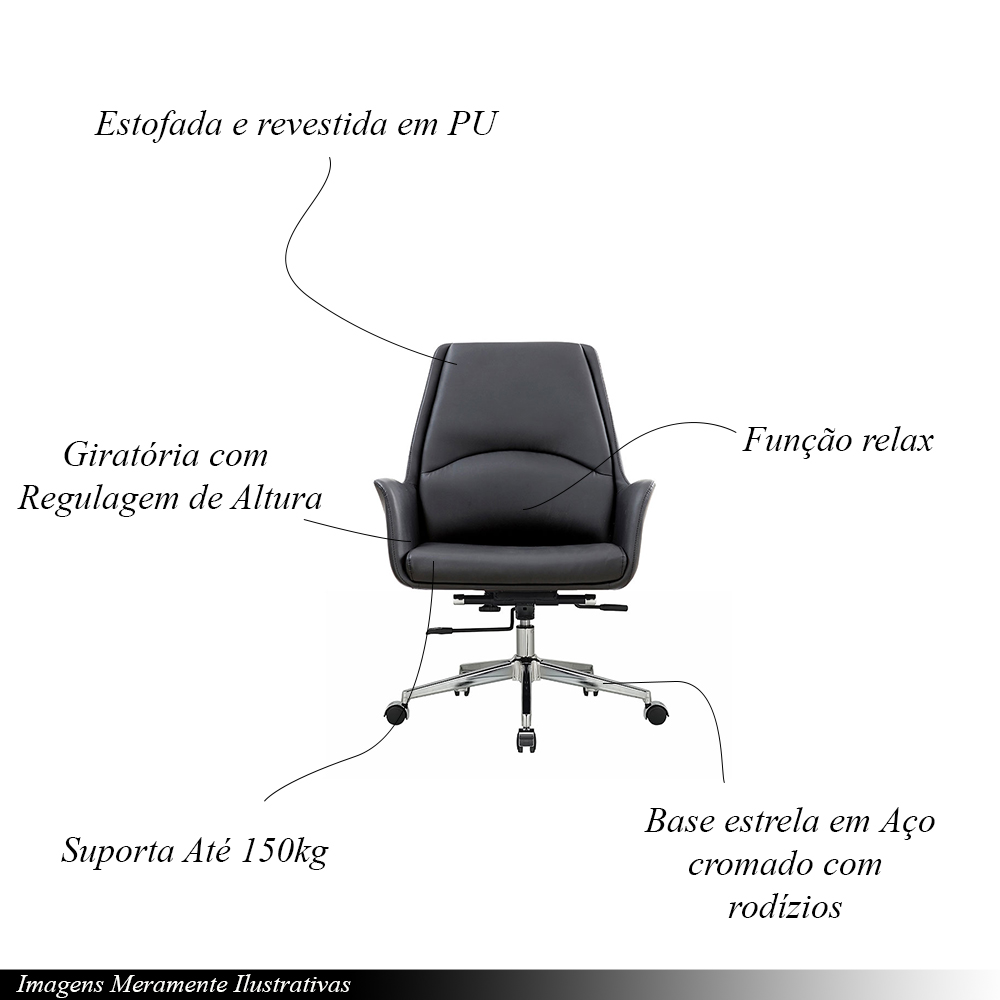 Cadeira de Escritório Office Diretor United Base Estrela com Rodízios PU Preto G56 - Gran Belo