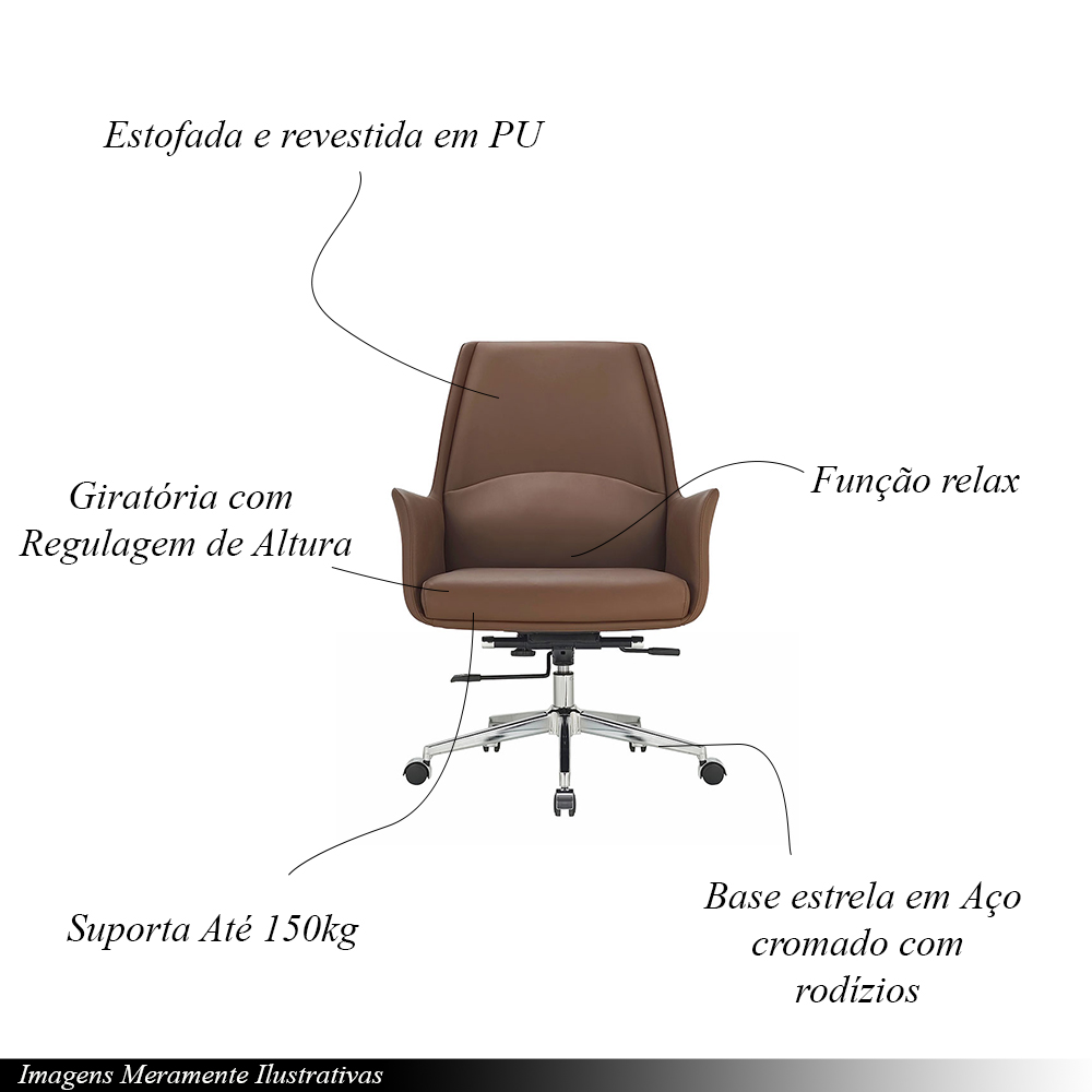 Cadeira de Escritório Office Diretor United com Rodízios Giratória Base Estrela PU Marrom G56 - Gran Belo