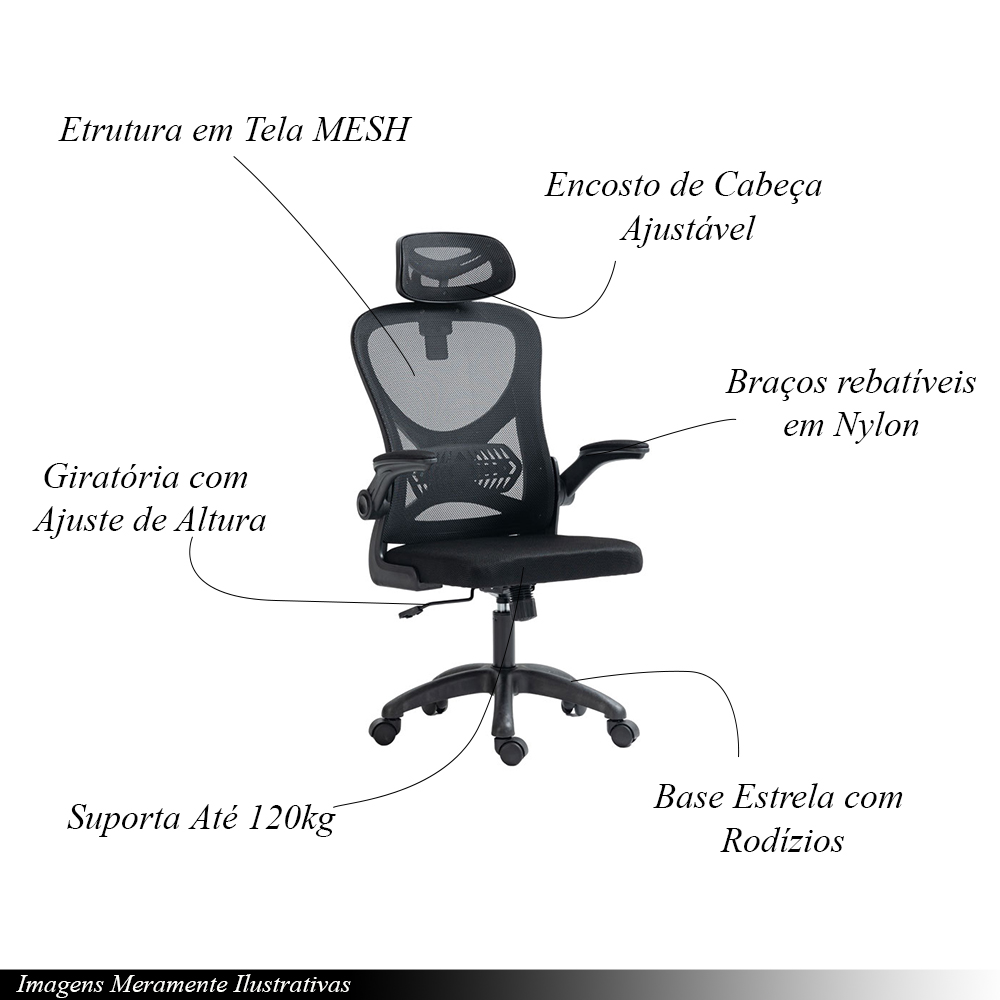 Cadeira de Escritório Office Giratória City em Tela Mesh com Apoio de Cabeça Preto G56 - Gran Belo