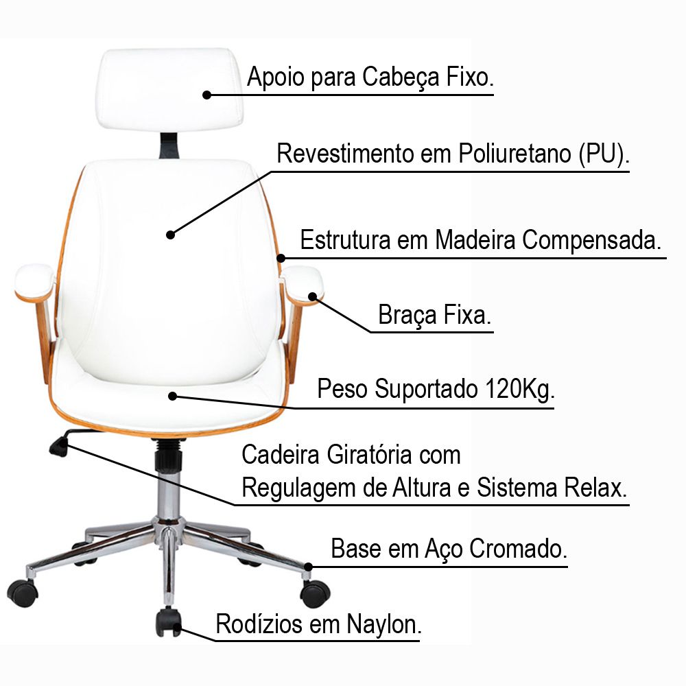 Cadeira de Escritório Presidente Giratória com Regulagem de Altura Akon PU Sintético Branco G56 - Gran Belo