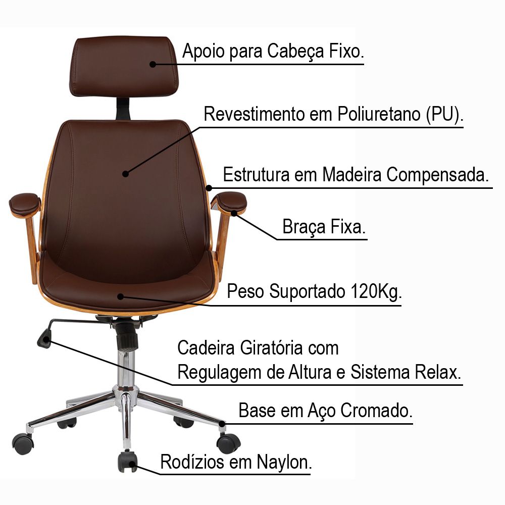 Cadeira de Escritório Presidente Giratória com Regulagem de Altura Akon PU Sintético Marrom - Gran Belo