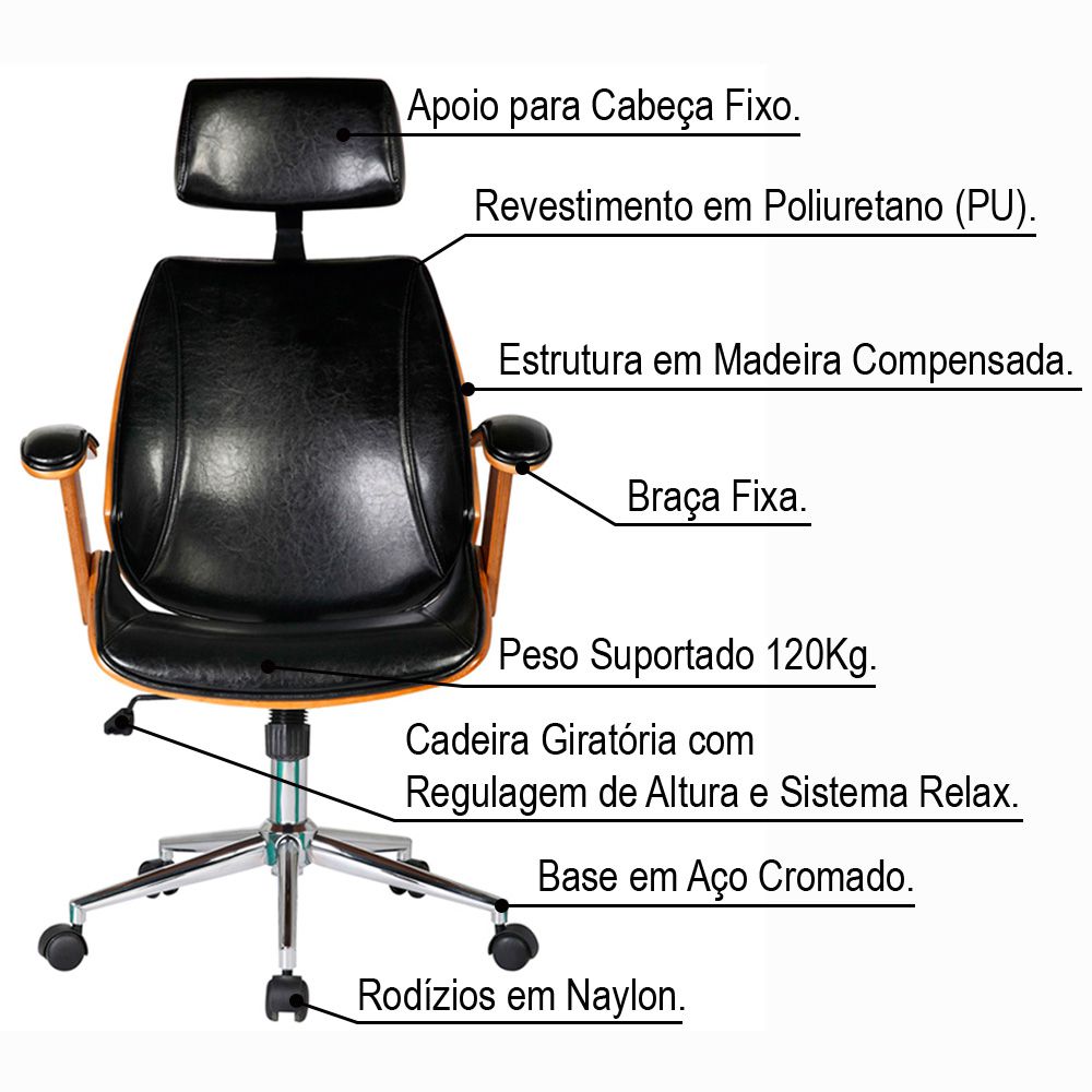 Cadeira de Escritório Presidente Giratória com Regulagem de Altura Akon PU Sintético Preto G56 - Gran Belo