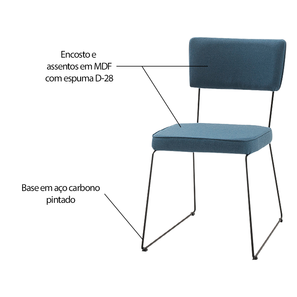 Cadeira de Jantar Decorativa Base Aço Preto Luigi Linho Azul Jeans - Gran Belo