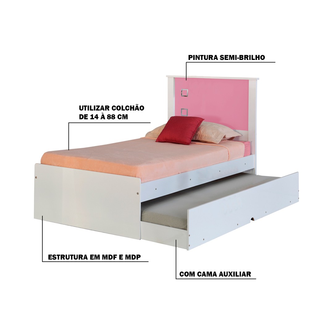 Cama Bibox Solteiro Reino Branco/Rosa - Gran Belo