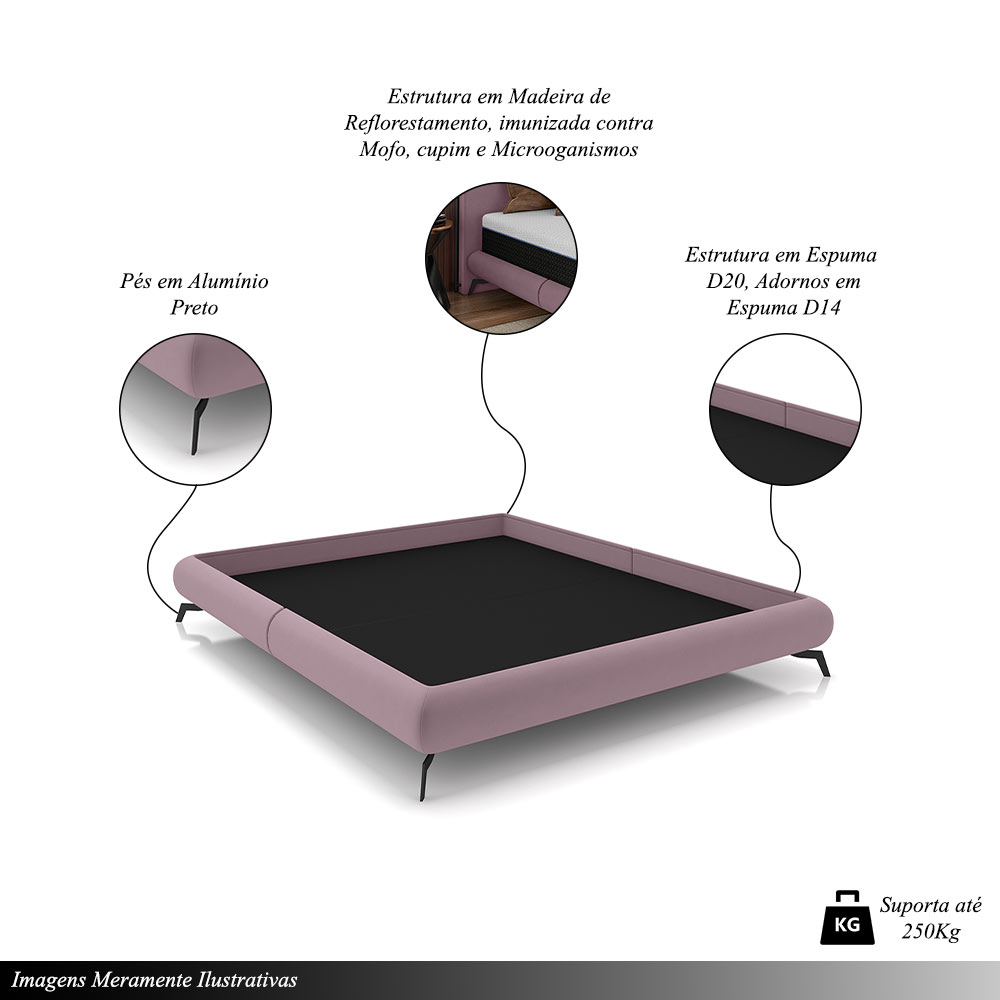 Cama King Size Avulsa Bezos Madeira Imunizada Pés em Aço Revestimento Veludo Rosê G91 - Gran Belo