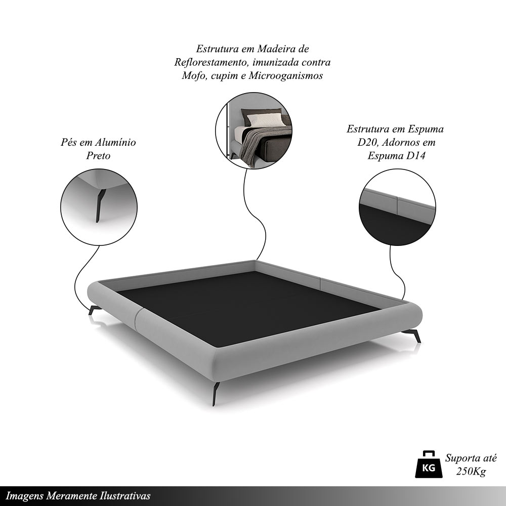 Cama Queen Size Avulsa Bezos Madeira Imunizada Pés em Aço Revestimento Veludo Cinza G91 - Gran Belo