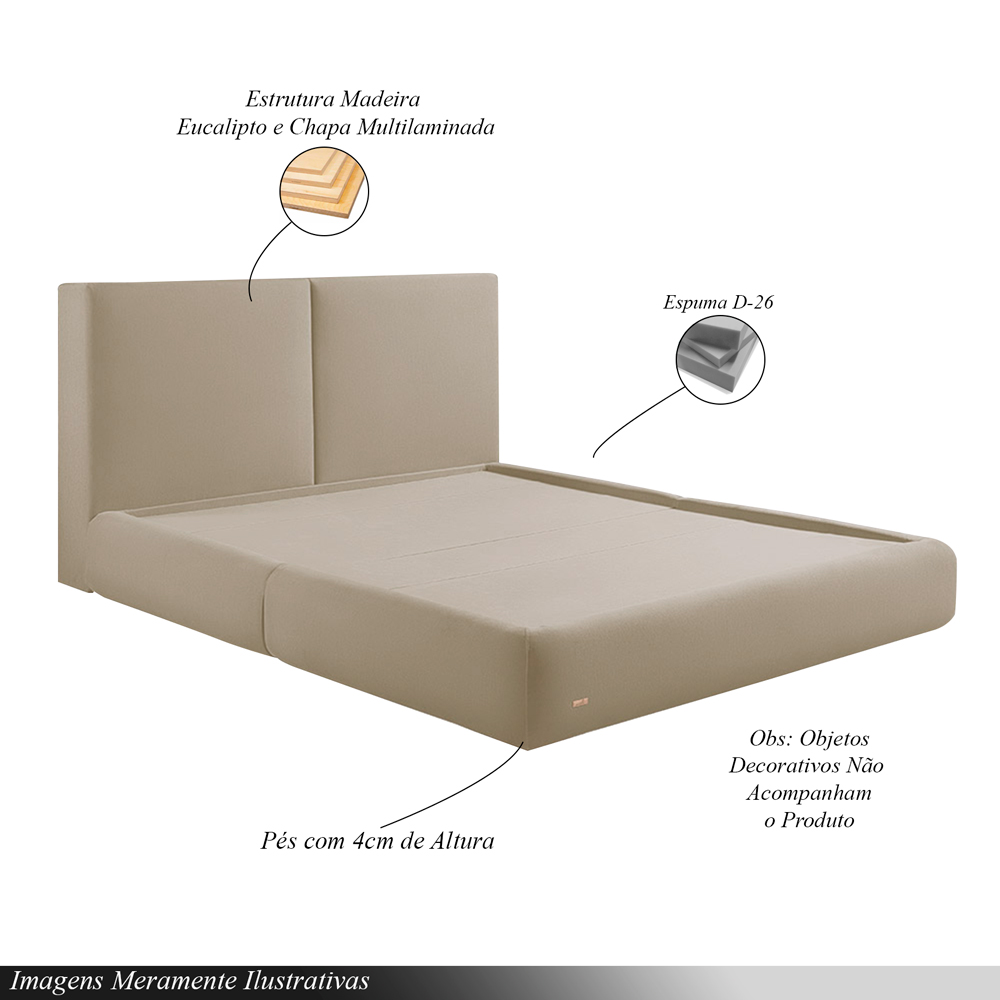 Cama com Cabeceira Elva King Base no Chão Veludo Luxo Bege G92 - Gran Belo