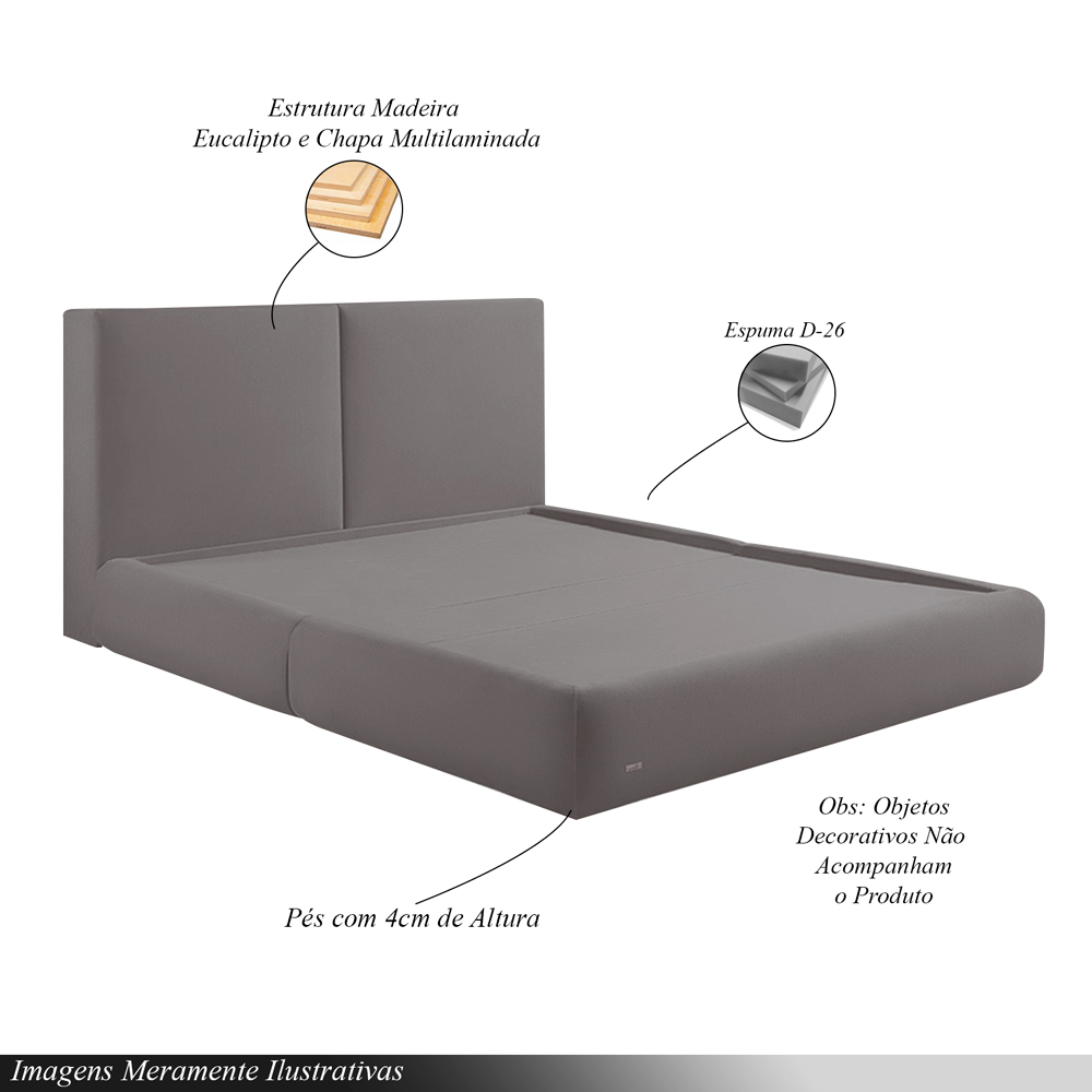 Cama com Cabeceira Elva King Base no Chão Veludo Luxo Marrom G92 - Gran Belo