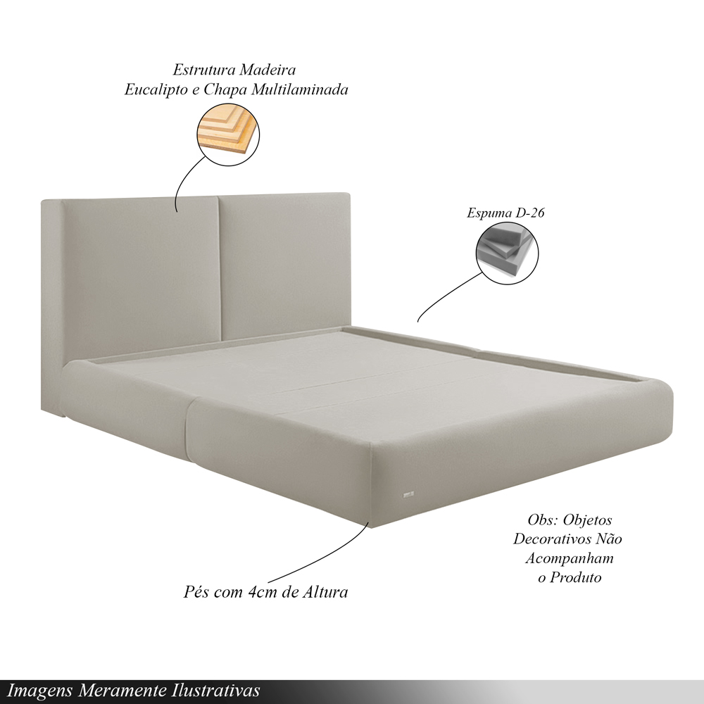 Cama com Cabeceira Elva King Base no Chão Veludo Luxo Off White G92 - Gran Belo