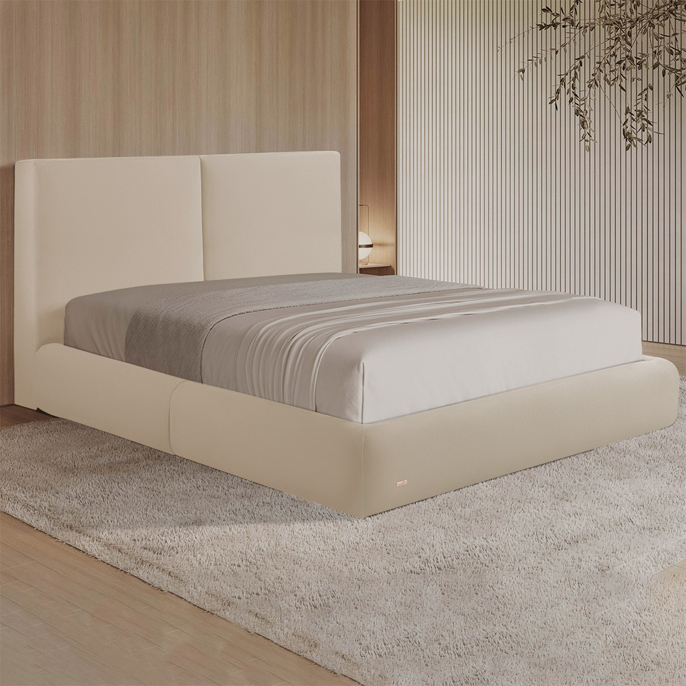 Cama com Cabeceira Elva Queen Base no Chão Veludo Luxo Bege G92 - Gran Belo