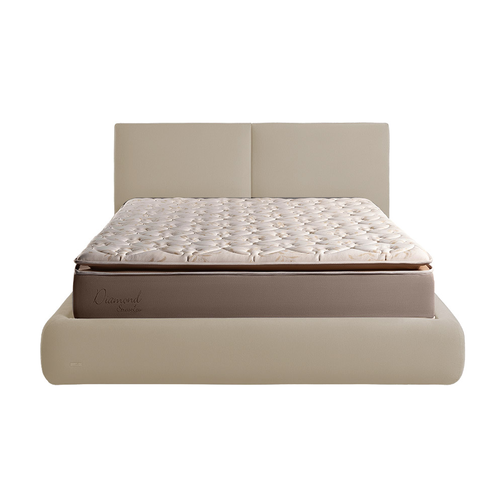 Cama com Cabeceira Elva Queen Base no Chão Veludo Luxo Bege G92 - Gran Belo