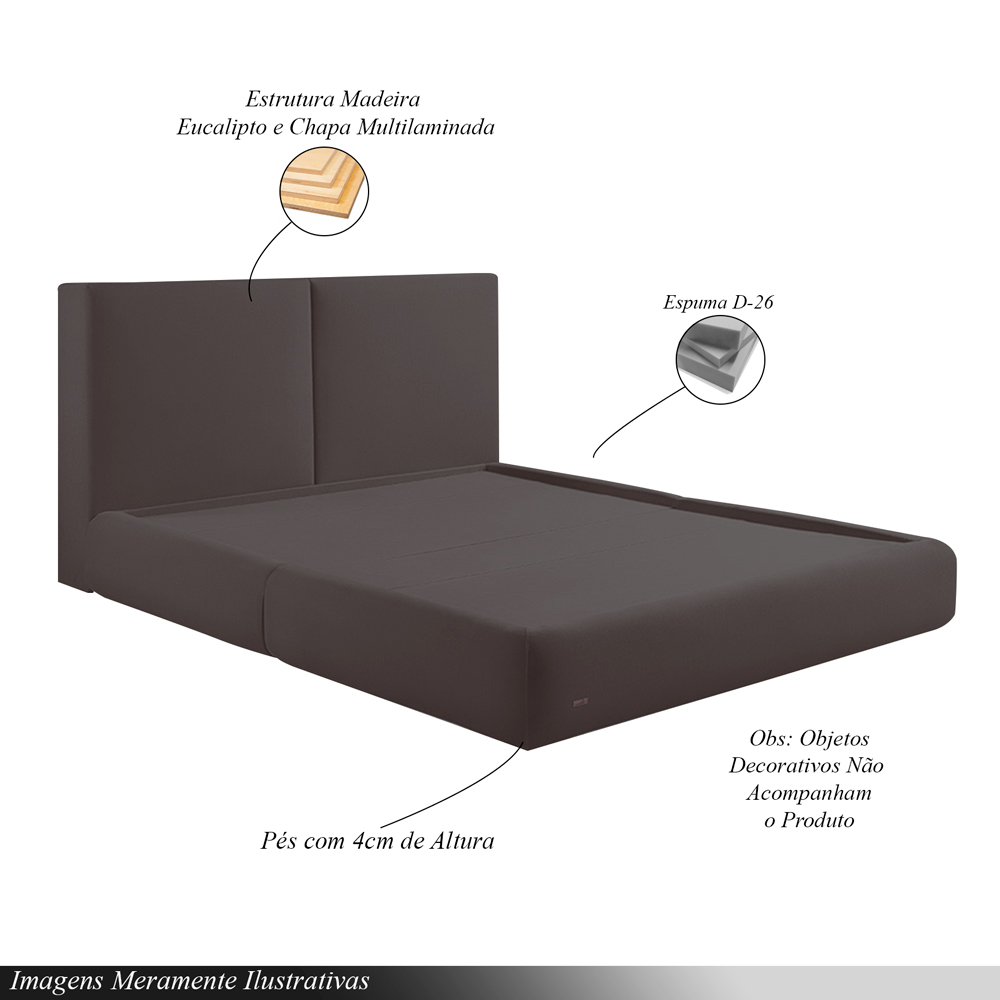 Cama com Cabeceira Elva Queen Base no Chão Veludo Luxo Marrom G92 - Gran Belo
