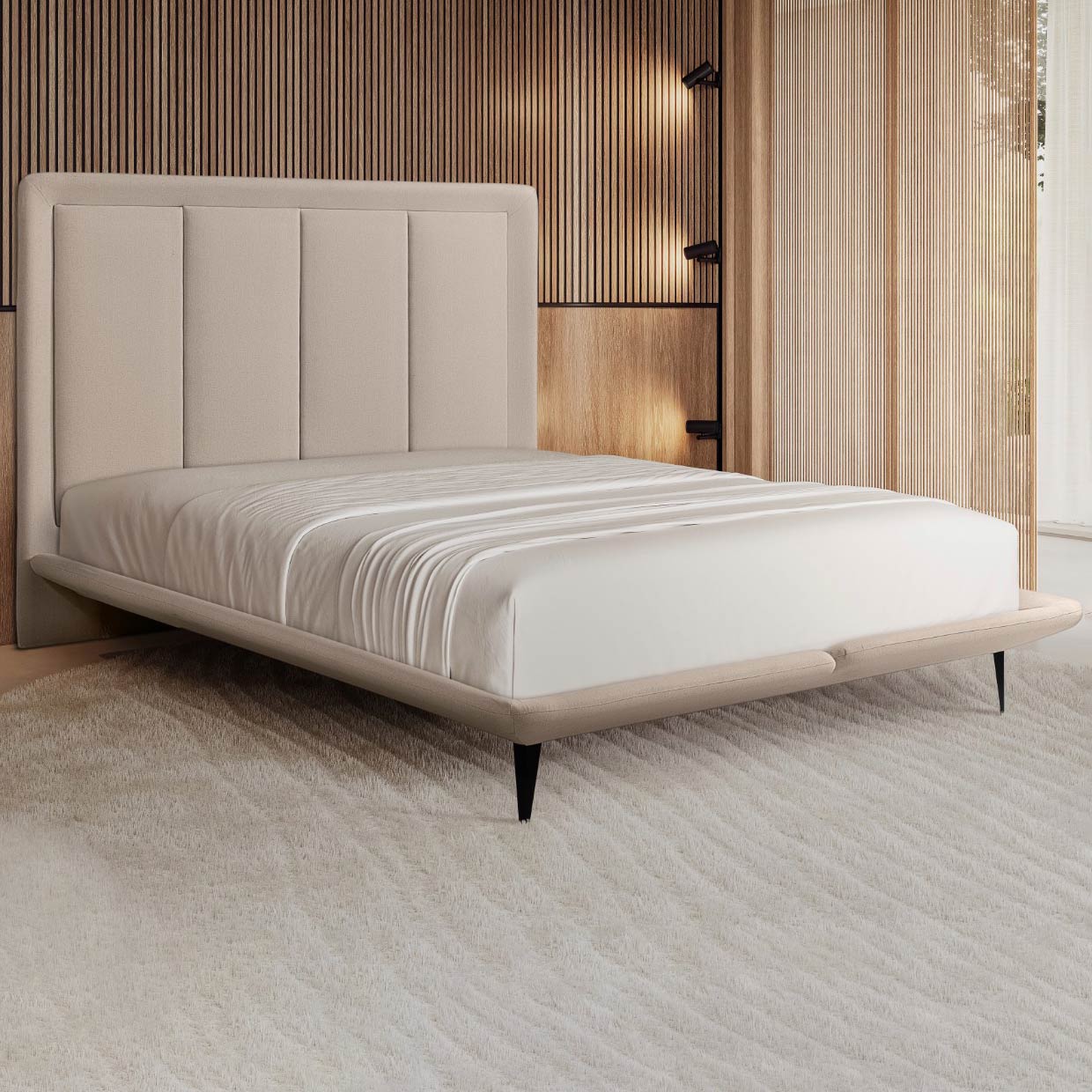 Cama com Cabeceira Pés de Ferro Monza King Linho Bege G92 - Gran Belo