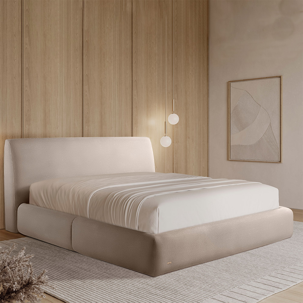 Cama com Cabeceira Pagani King Base no Chão Bouclê Bege G92 - Gran Belo