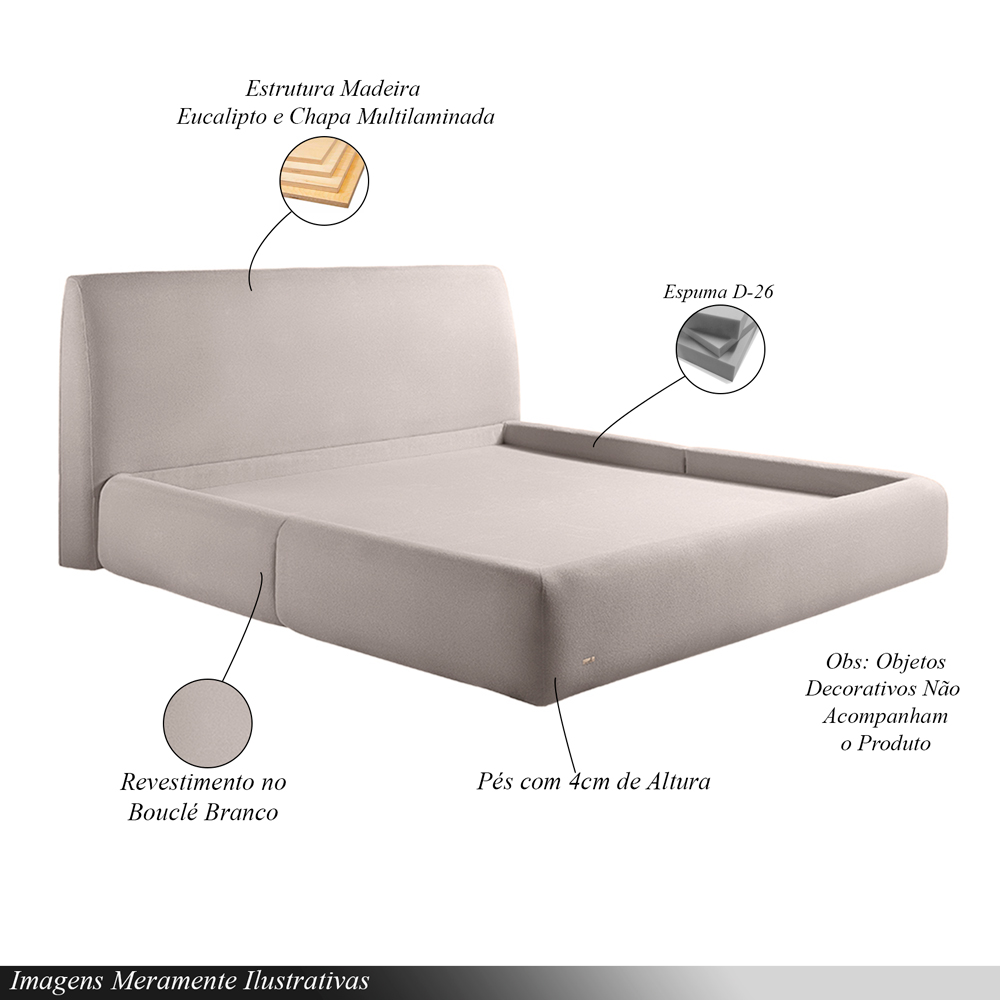 Cama com Cabeceira Pagani King Base no Chão Bouclê Branco G92 - Gran Belo
