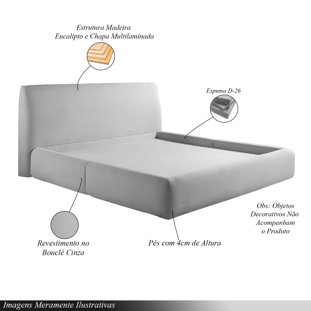 Cama com Cabeceira Pagani King Base no Chão Bouclê Cinza G92 - Gran Belo