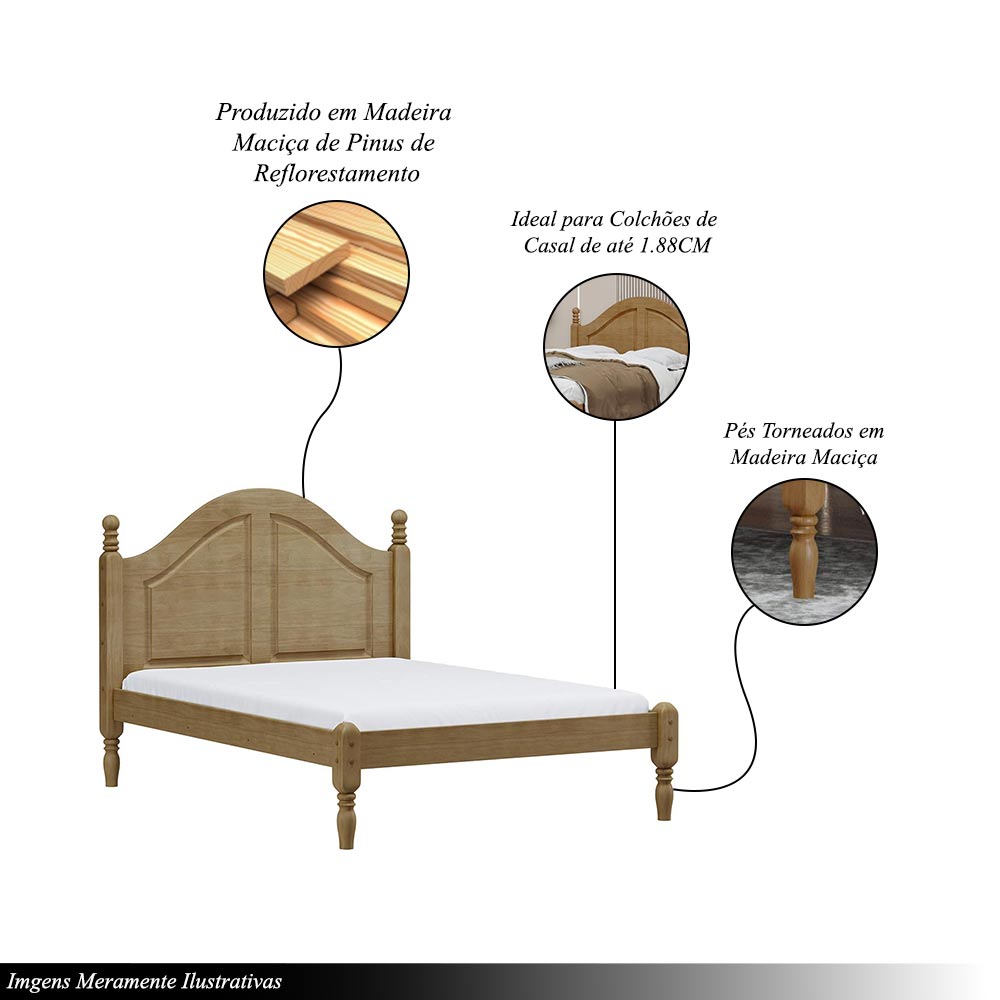 Cama de Casal Pés Torneados  Madeira Maciça Naipe Freijó - G74 - Gran Belo