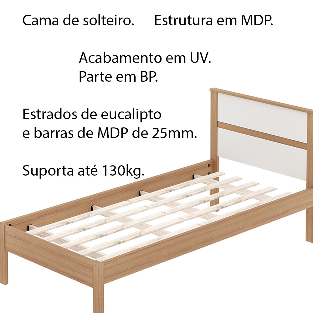 Cama de solteiro MDP CM8004 Amendoa/Branco G69 - Gran Belo