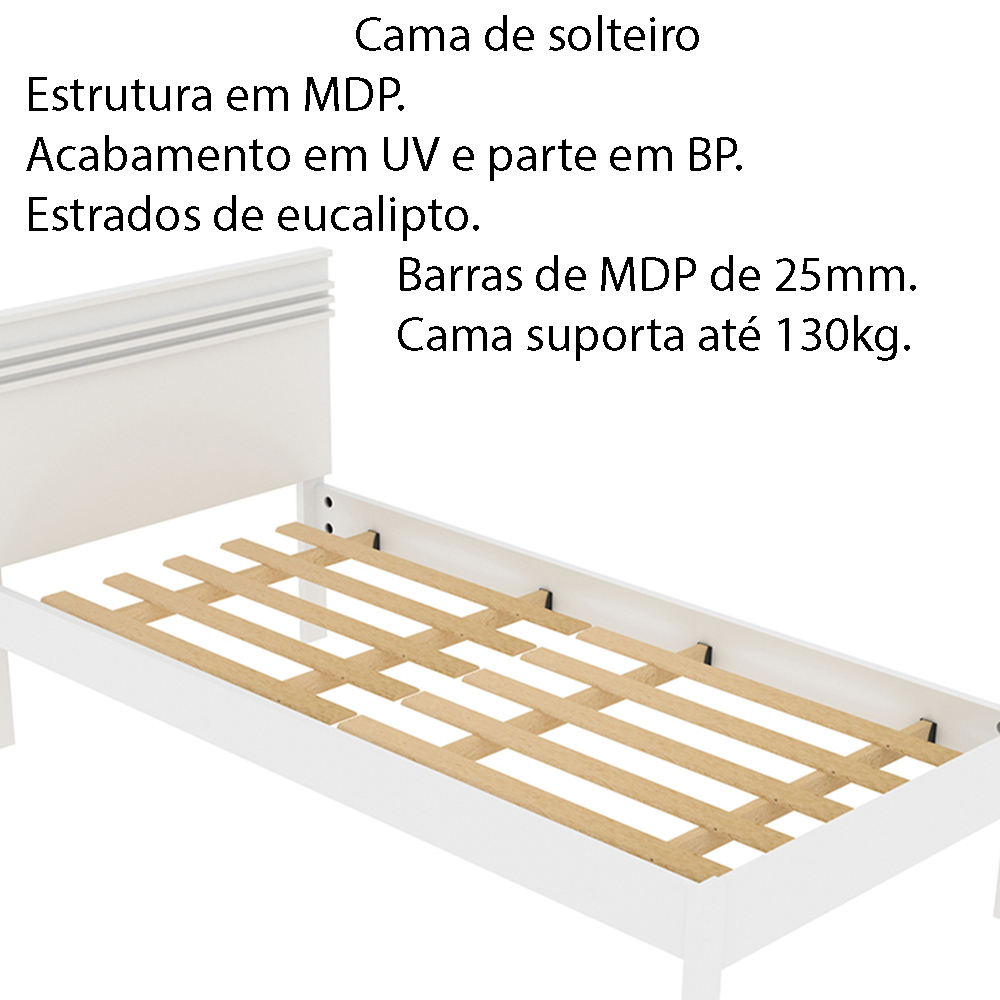 Cama de solteiro MDP CM8010 Branco G69 - Gran Belo