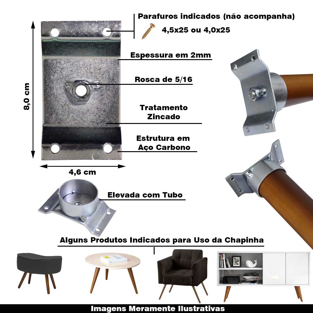 Chapinha Chapa Elevada com Tubo Fixação Pés Palito Rosca 5/16 Zincada G59