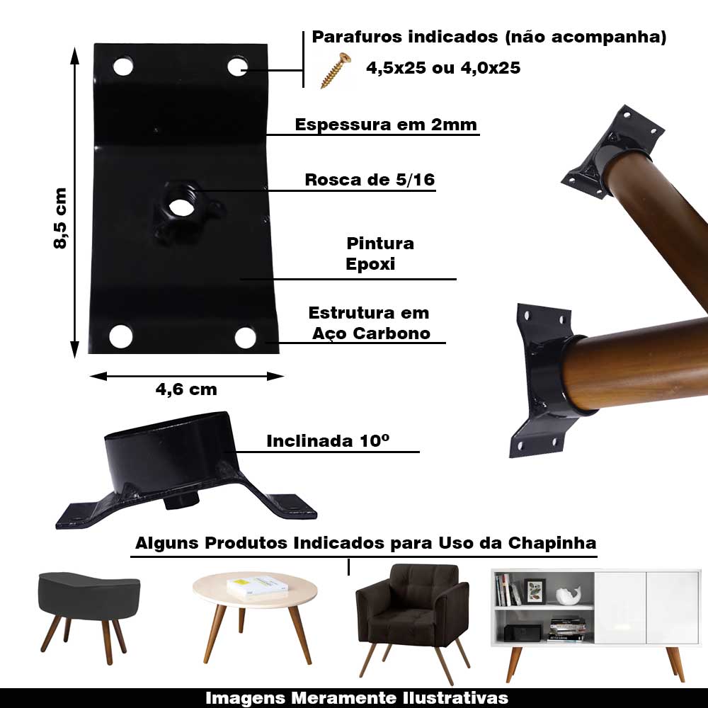 Chapinha Chapa Inclinada 10º com Tubo Fixação Pés Palito Rosca 5/16 Preta G59