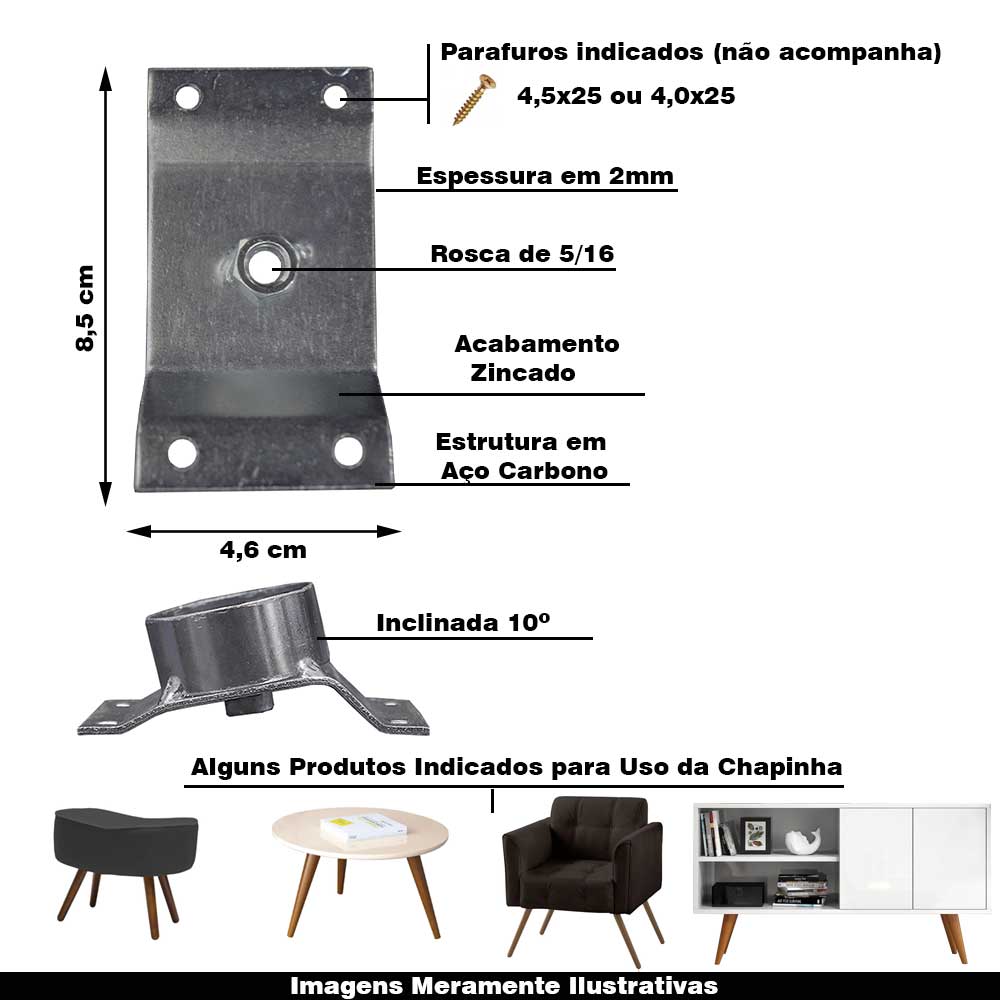 Chapinha Chapa Inclinada 10º com Tubo Fixação Pés Palito Rosca 5/16 Zincada G59