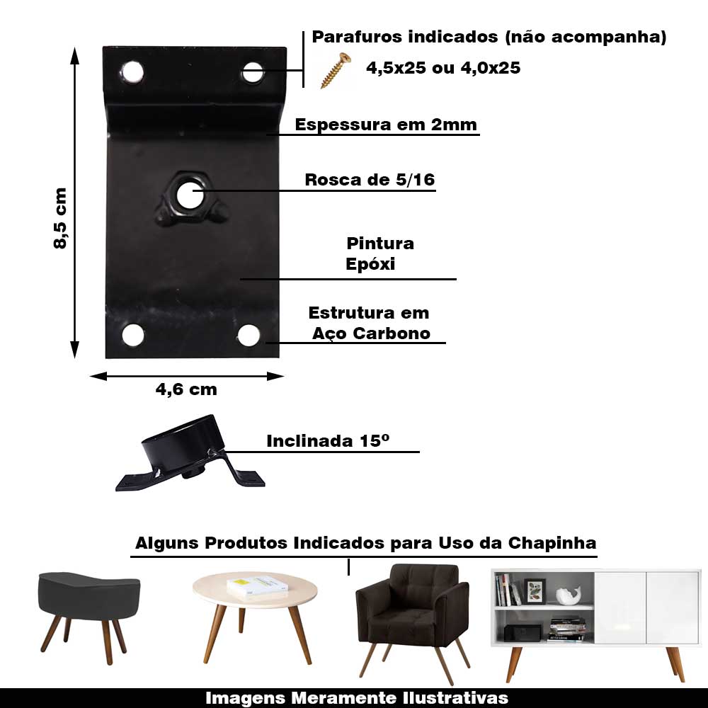 Chapinha Chapa Inclinada 15º com Tubo Fixação Pés Palito Rosca 5/16 Preta G59