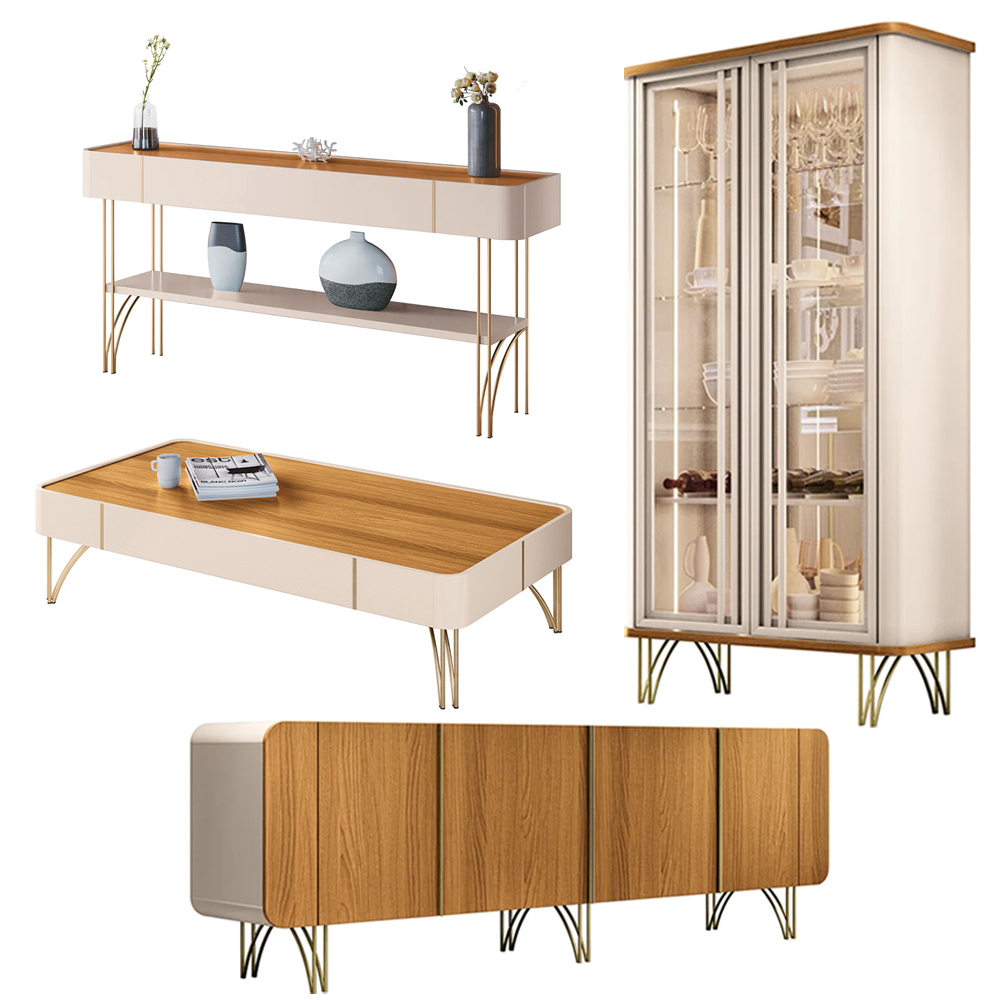 Conjunto 1 Cristaleira 1 Buffet 1 Aparador e 1 Mesa de Centro Texas/Virginia/Rennes Off White/Cinamomo G26 - Gran Belo