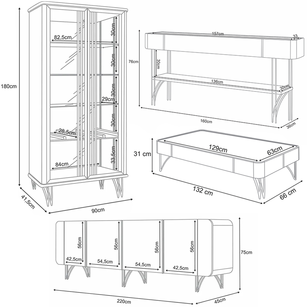 Conjunto 1 Cristaleira 1 Buffet 1 Aparador e 1 Mesa de Centro Texas/Virginia/Rennes Off White/Cinamomo G26 - Gran Belo