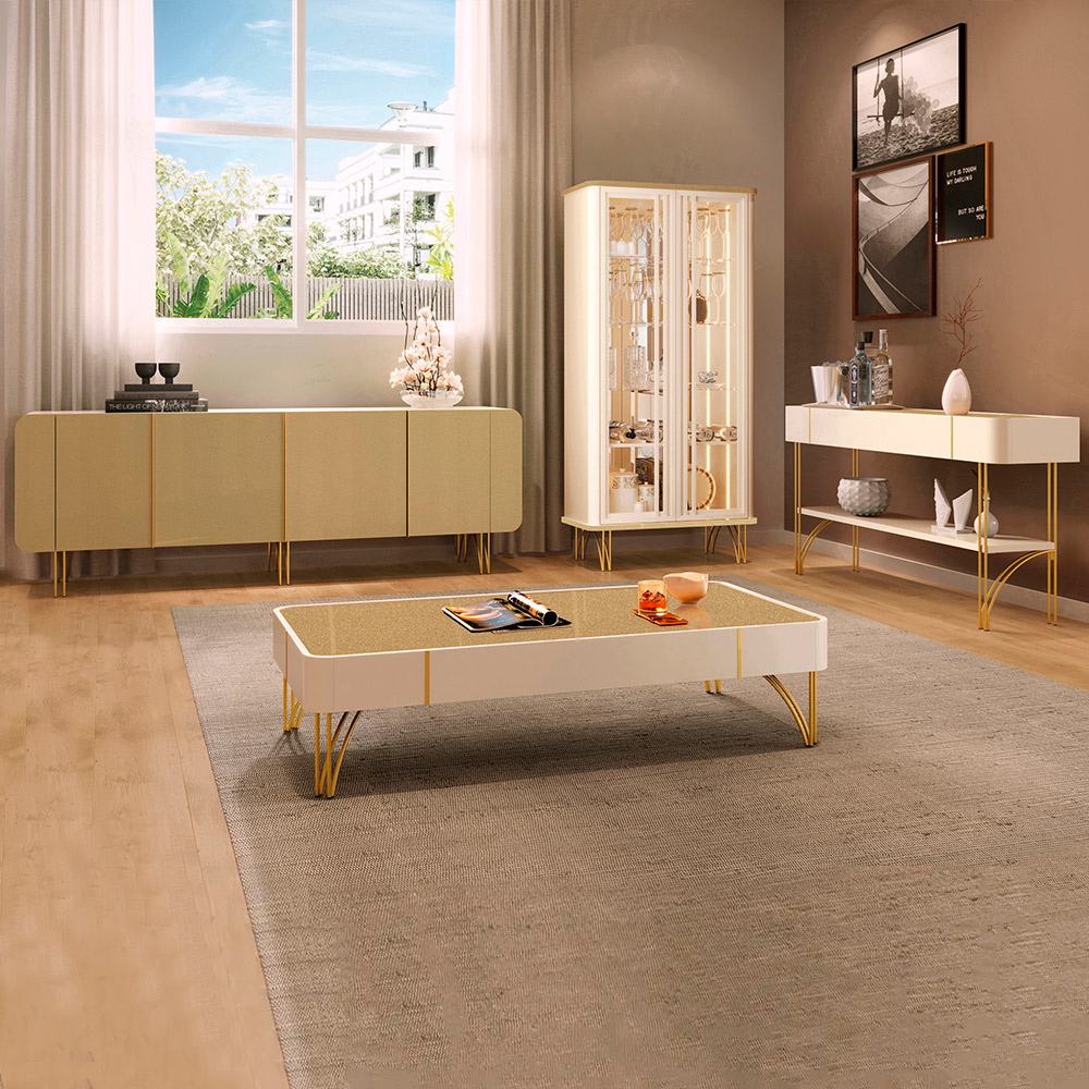 Conjunto 1 Cristaleira 1 Buffet 1 Mesa de Centro e 1 Aparador Texas/Virginia/Rennes Off White/Champagne G26 - Gran Belo
