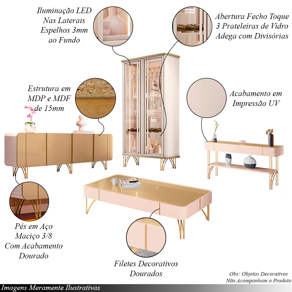 Conjunto 1 Cristaleira 1 Buffet 1 Mesa de Centro e 1 Aparador Texas/Virginia/Rennes Off White/Champagne G26 - Gran Belo