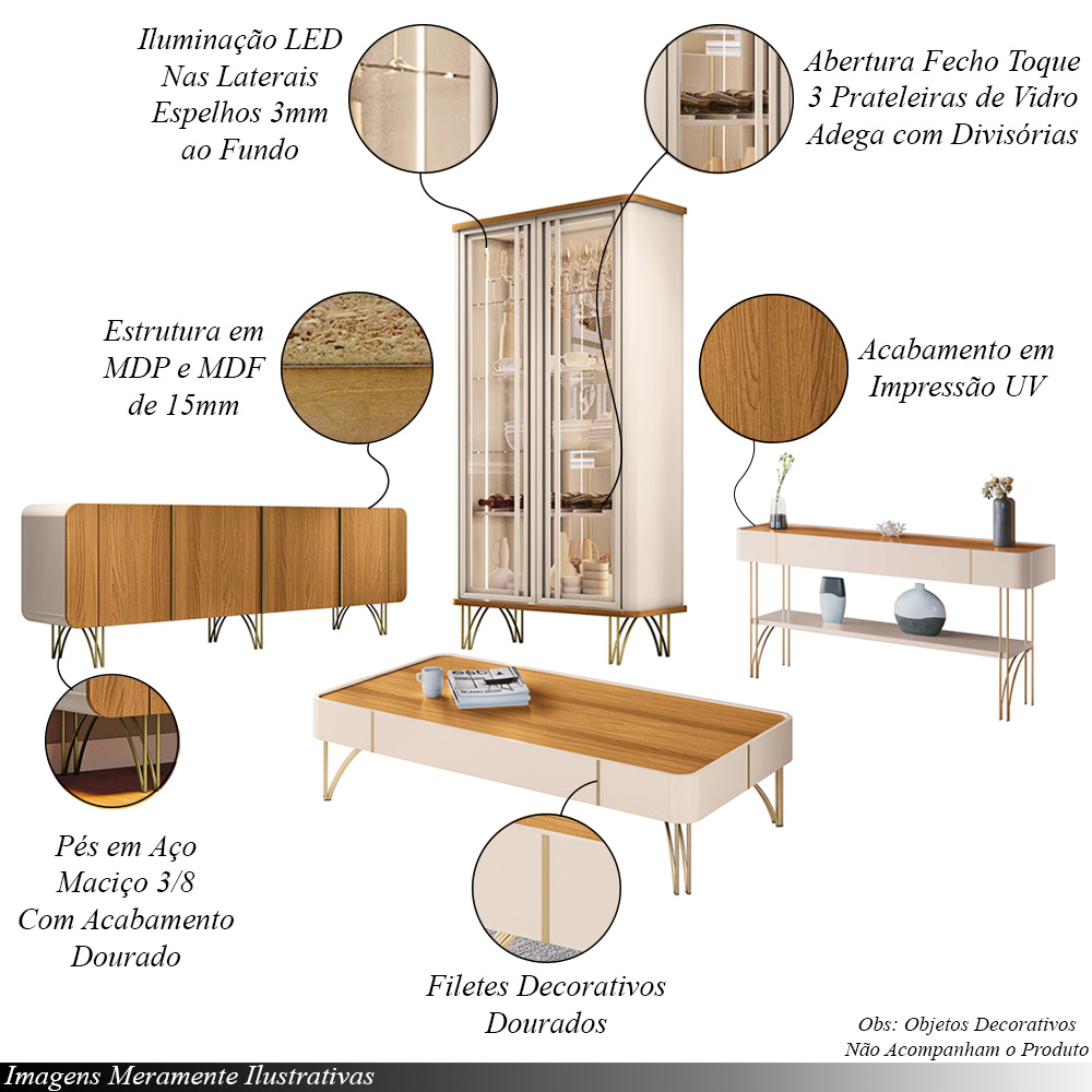 Conjunto 1 Cristaleira 1 Buffet 1 Mesa de Centro e 1 Aparador Texas/Virginia/Rennes Off White/Cinamomo G26 - Gran Belo