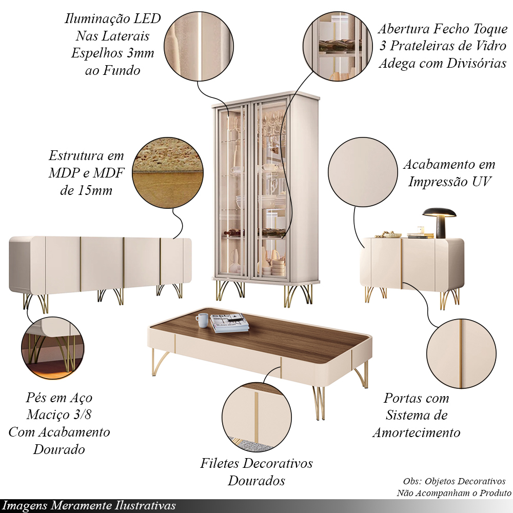 Conjunto 1 Cristaleira 2 Buffets e 1 Mesa de Centro Évora/Saluti/Benvenuto/Cadenza Off White/Castanho G26 - HB Móveis