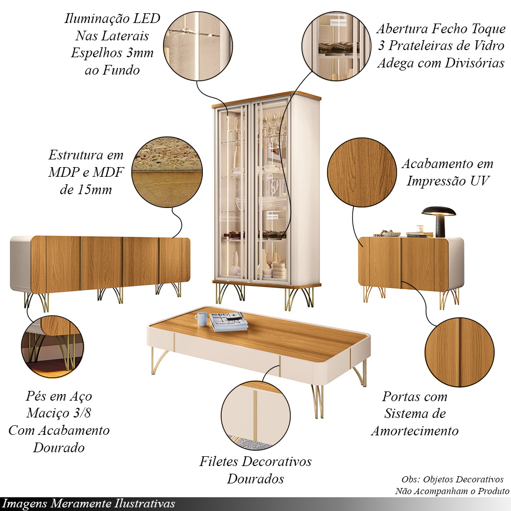 Conjunto 1 Cristaleira 2 Buffets e 1 Mesa de Centro Évora/Saluti/Benvenuto/Cadenza Off White/Cinamomo G26 - HB Móveis
