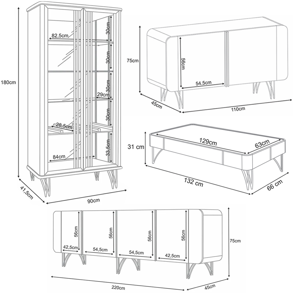 Conjunto 1 Cristaleira 2 Buffets e 1 Mesa de Centro Évora/Saluti/Benvenuto/Cadenza Off White/Cinamomo G26 - HB Móveis