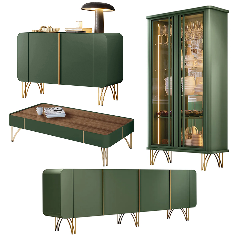 Conjunto 1 Cristaleira 2 Buffets e 1 Mesa de Centro Texas/Virginia/Bambino/Rennes Verde Pistache/Castanho G26 - Gran Belo