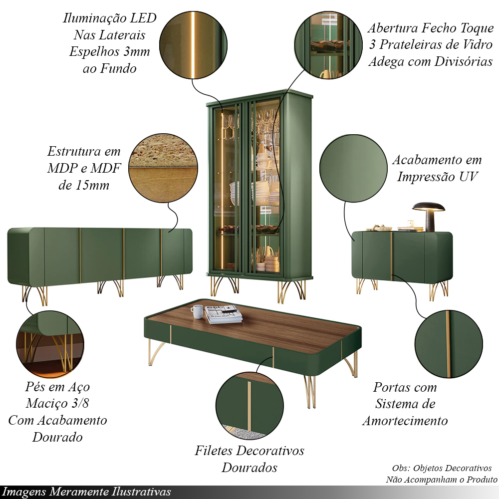 Conjunto 1 Cristaleira 2 Buffets e 1 Mesa de Centro Texas/Virginia/Bambino/Rennes Verde Pistache/Castanho G26 - Gran Belo