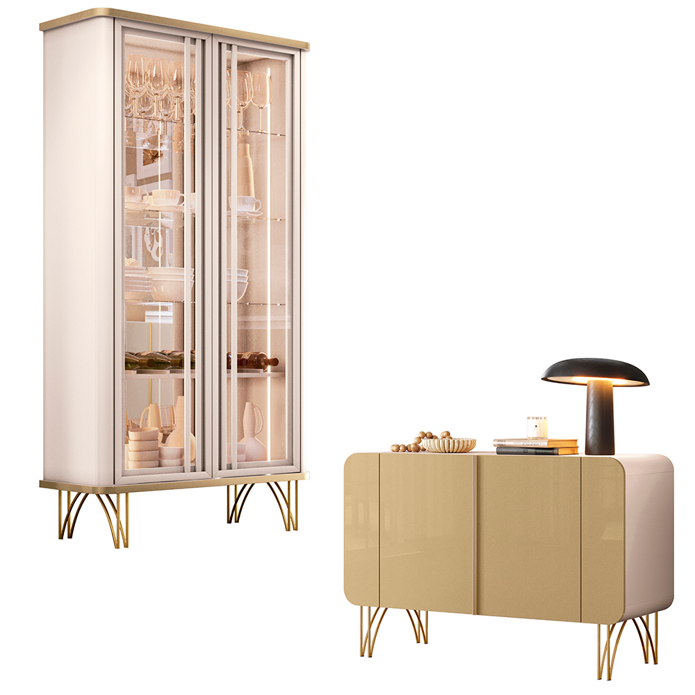Conjunto 1 Cristaleira e 1 Buffet Decorativo Évora/Benvenuto Off White/Champagne G26 - HB Móveis