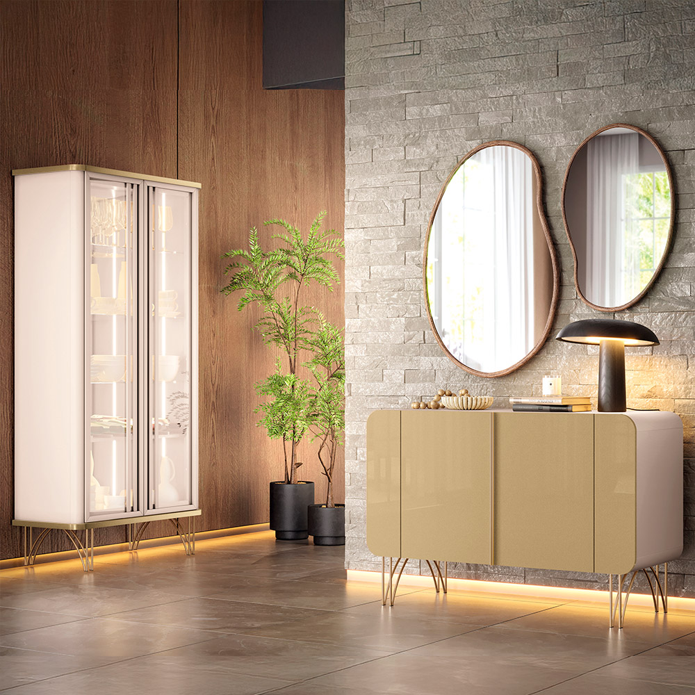 Conjunto 1 Cristaleira e 1 Buffet Decorativo Évora/Benvenuto Off White/Champagne G26 - HB Móveis