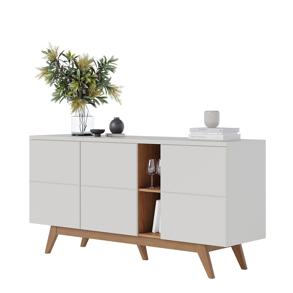 Conjunto 1 Cristaleira e 1 Buffet Decorativo Sala de Jantar Sancho pés em madeira Off White G73 - Gran Belo