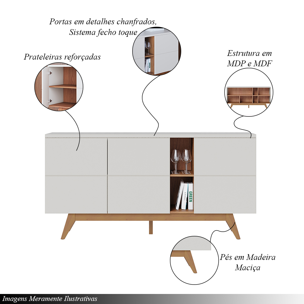 Conjunto 1 Cristaleira e 1 Buffet Decorativo Sala de Jantar Sancho pés em madeira Off White G73 - Gran Belo