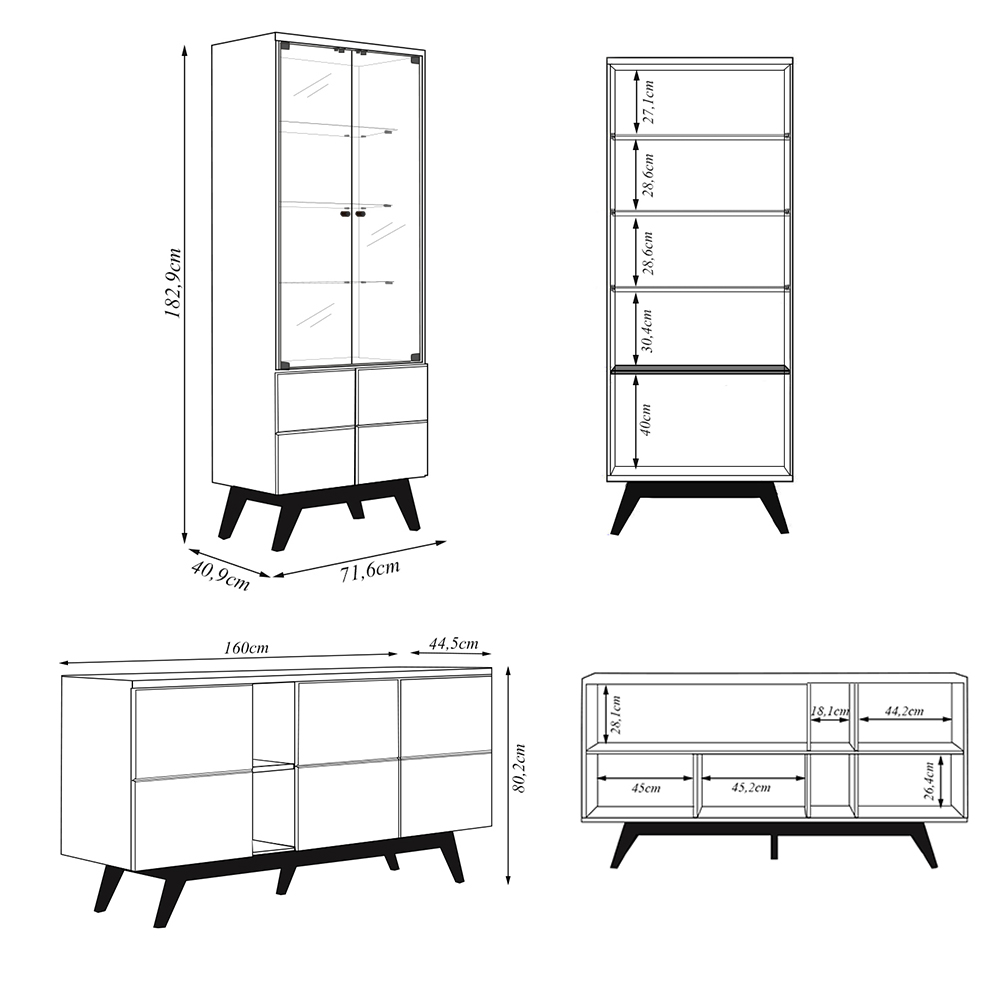 Conjunto 1 Cristaleira e 1 Buffet Decorativo Sala de Jantar Sancho pés em madeira Off White G73 - Gran Belo